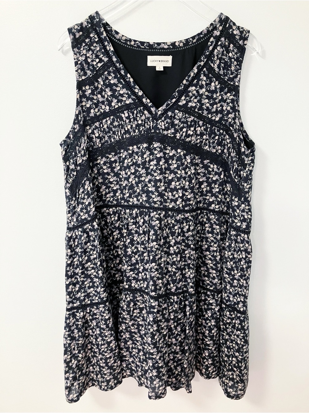 Lucky Brand | Black Floral Lace Tiered Dress L Boho Cottagecore Festival Indie